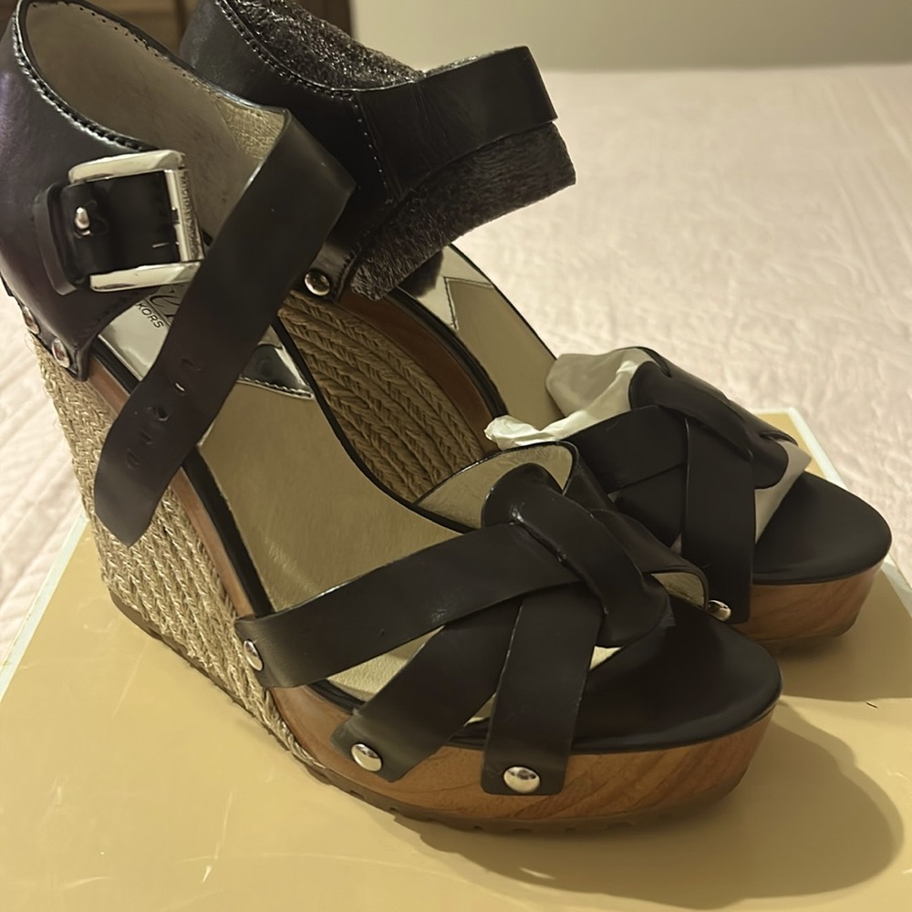 MICHAEL Michael Kors Black Leather Woven Espadrille Wedge Sandals